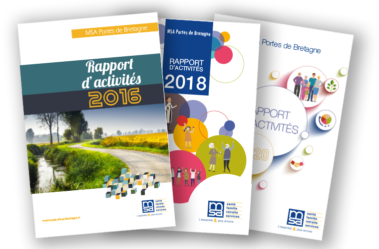 Couvertures de rapports d'activités de la MSA Portes de Bretagne