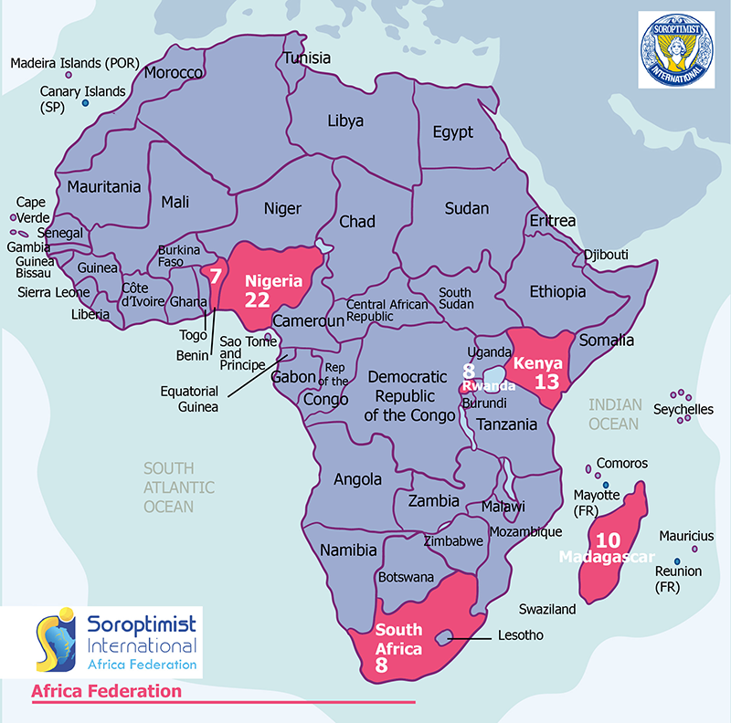 Carte Afrique Fédération Sorptimiste Clubs affiliés